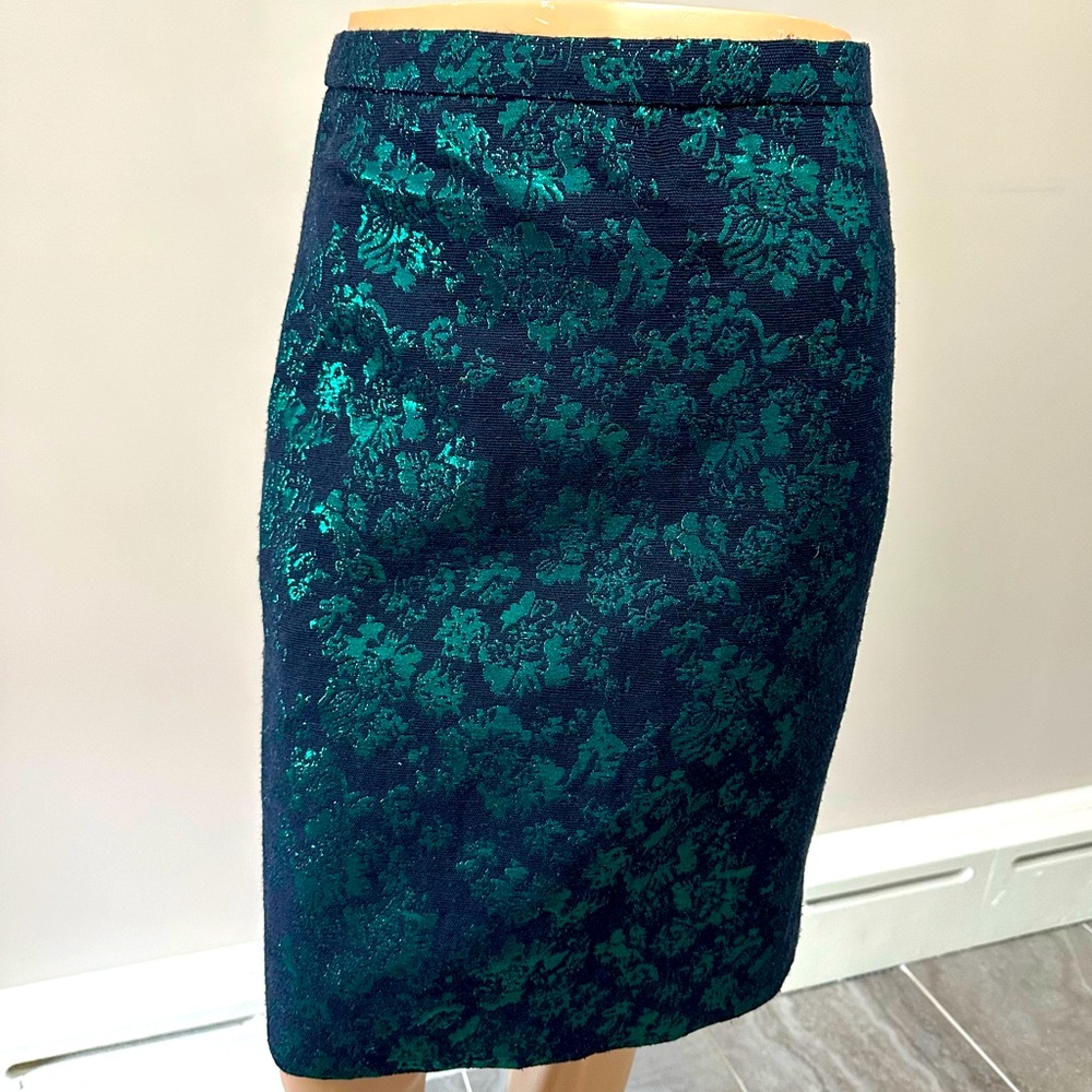 J.Crew | Floral Green and Blue Metallic Brocade Pencil Skirt | Size 8